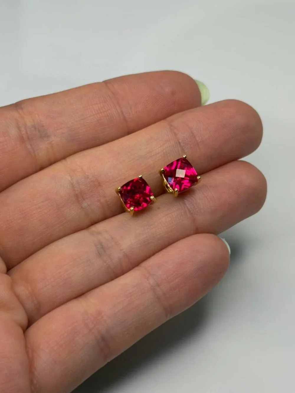 18K Gold Ruby Earrings 3-carat Red Ruby Square Stud Earrings